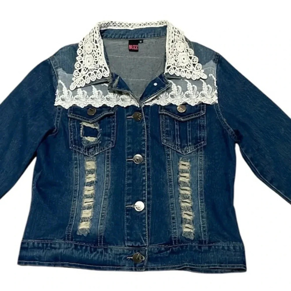 Lace trim Jean jacket Denim Lace collar Distressed Size M Retro Boho Bridal - Picture 1 of 12